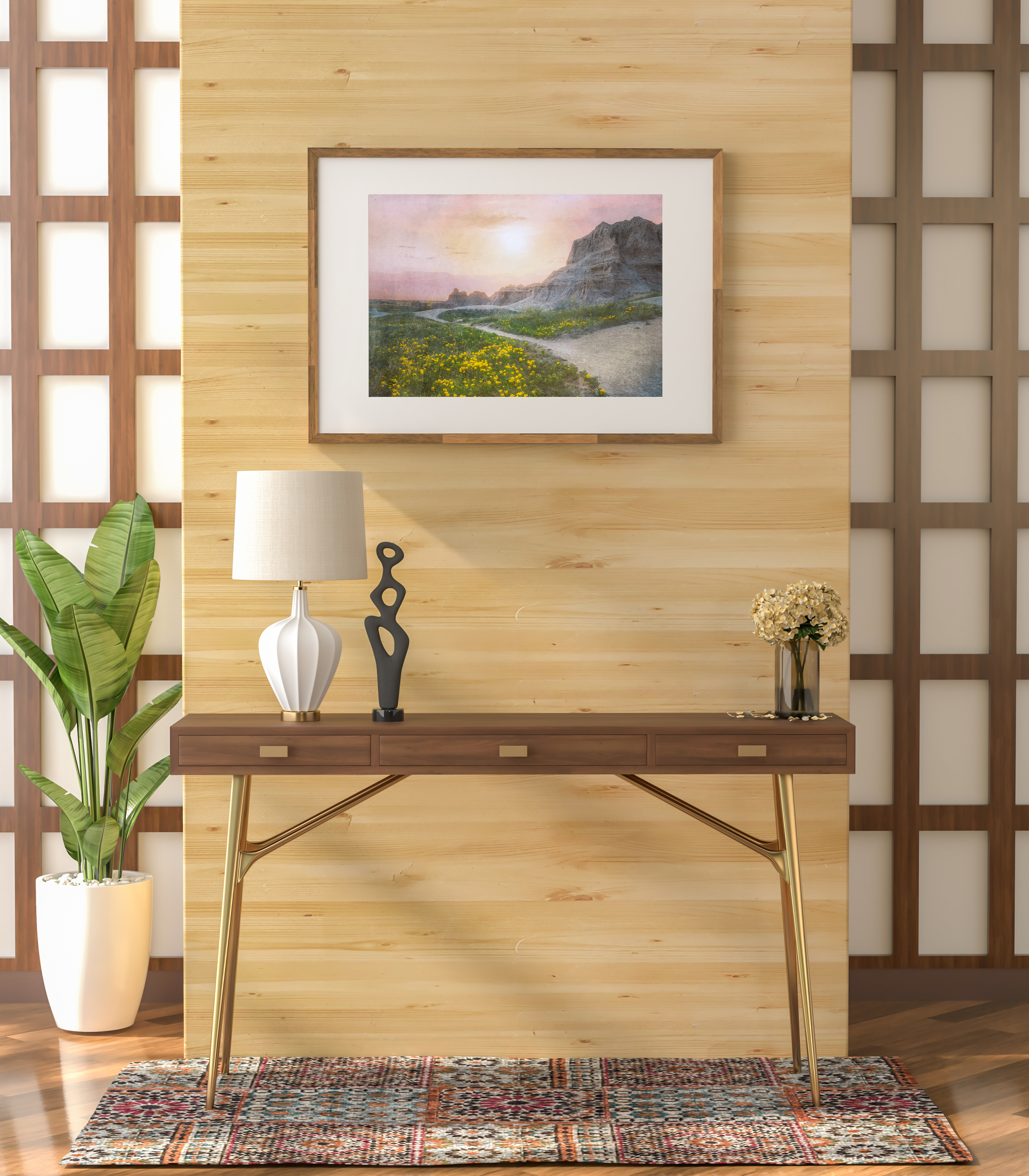 Badlands landscape framed print in Japandi modern entryway by Dan Sproul